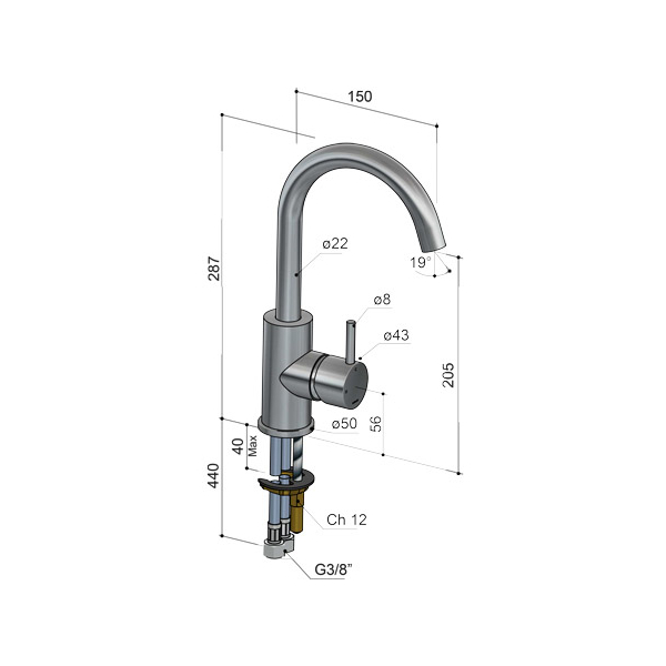 Hotbath Archie AR004 Bateria umywalkowa sztorcowa z obrotową wylewką 2 Hotbath Archie AR004 Bateria umywalkowa sztorcowa z obrotową wylewką-rysunek techniczny