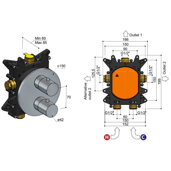 Hotbath Archie AR009 Bateria termostatyczna prysznicowa podtynkowa 2-obiegowa 2 Hotbath Archie AR009 Bateria termostatyczna prysznicowa podtynkowa 2-obiegowa-rysunek techniczny