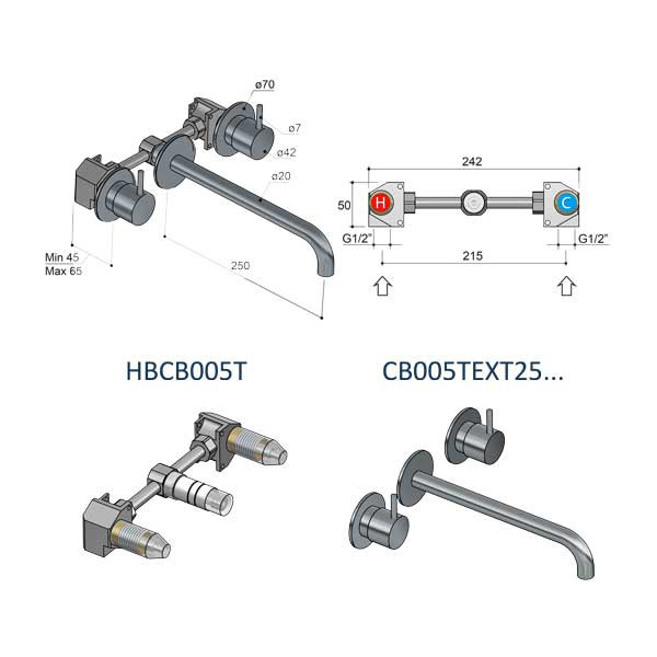 Hotbath Cobber CB005T-25 Bateria umywalkowa ścienna podtynkowa z wylewką 25 cm 2 Hotbath Cobber CB005T-25 Bateria umywalkowa ścienna podtynkowa z wylewką 25 cm-rysunek techniczny