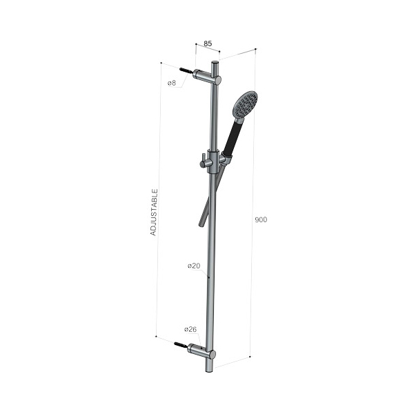 Hotbath Cobber M310 Drążek prysznicowy ze słuchawką prysznicową średnica 9cm i wężem prysznicowym bez przyłącza 2 Hotbath Cobber M310 Drążek prysznicowy ze słuchawką prysznicową średnica 9cm i wężem prysznicowym bez przyłącza-rysunek techniczny