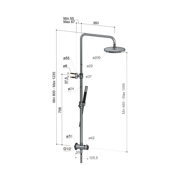 Hotbath Cobber M437 Kolumna prysznicowa z przyłączem, deszczownicą okrągłą 20cm, wężem prysznicowym i słuchawką prysznicową 2 Hotbath Cobber M437 Kolumna prysznicowa z przyłączem, deszczownicą okrągłą 20cm, wężem prysznicowym i słuchawką prysznicową-rysunek techniczny