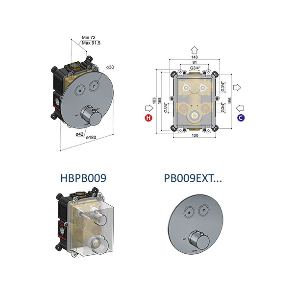 Hotbath Cobber PB009 Bateria prysznicowa podtynkowa termostatyczna 2 obiegowa z przyciskami 2 Hotbath Cobber PB009 Bateria prysznicowa podtynkowa termostatyczna 2 obiegowa z przyciskami-rysunek techniczny