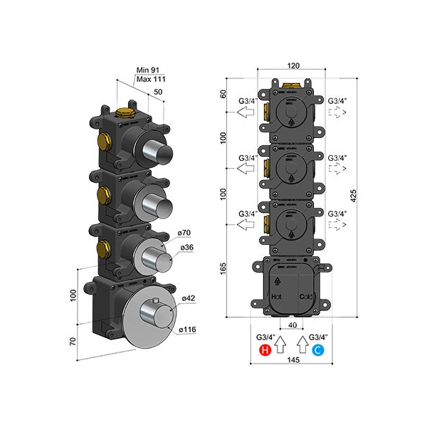 Hotbath Mate MHR3 Bateria termostatyczna prysznicowa podtynkowa ze zwiększonym przepływem wody z 3 zaworami zamykającymi 3 Hotbath Mate MHR3 Bateria termostatyczna prysznicowa podtynkowa ze zwiększonym przepływem wody z 3 zaworami zamykającymi-rysunek techniczny