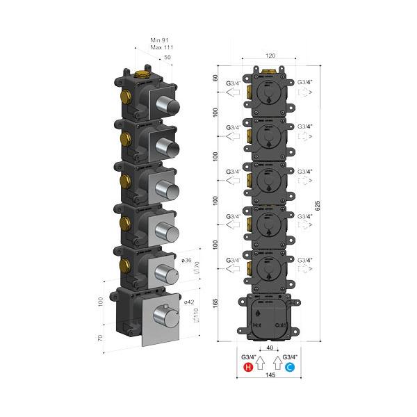 Hotbath Mate MHRQ5 Bateria termostatyczna prysznicowa podtynkowa ze zwiększonym przepływem wody z 5 zaworami zamykającymi 3 Hotbath Mate MHRQ5 Bateria termostatyczna prysznicowa podtynkowa ze zwiększonym przepływem wody z 5 zaworami zamykającymi-rysunek techniczny