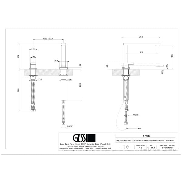 Gessi SU&GIU 17488 Bateria kuchenna podokienna z oddzielnym mieszaczem i składana chowana obrotową wylewką 360 ° wiele wykończeń 2 SU&GIU 17488 rysunek techniczny