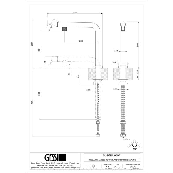 Gessi SU&GIU 60071 Bateria kuchenna podokienna z oddzielnym mieszaczem i składaną chowaną wylewką Otwor montazowy baterii 335 mm Wylewka obrotowa wiele wykończeń 2 SU&GIU 60071 rysunek techniczny