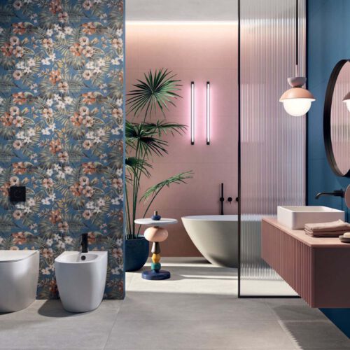 Abk płytki łazienka kolekcja rośliny kolorowe różowy pink niebieski blue salon kąpielowy minimal