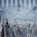 Tapeta Skinwall CIRCUS 148 z kolekcji New Designs 2021 Travelling Mind motywy: paski, portret, kolory: niebieski, granatowy, szary - wariant 1