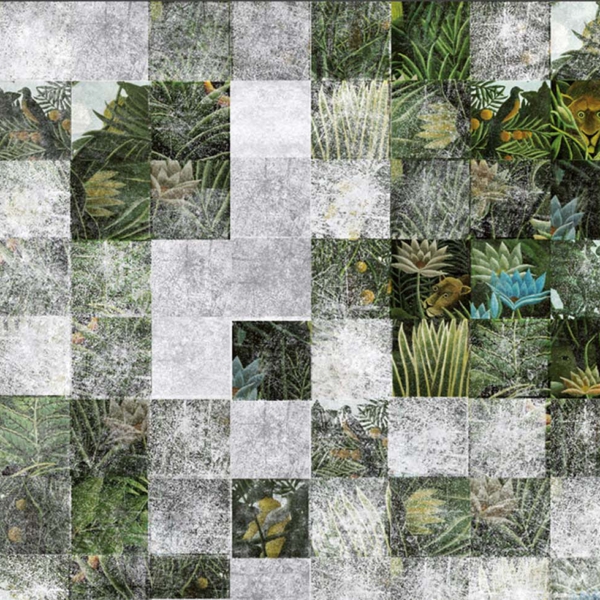 Tapeta-Skinwall-HOMAGE-to-ROUSSEAU-506-z-kolekcji-Arts-in-the-Past-1 Tapeta Skinwall HOMAGE to ROUSSEAU 506 z kolekcji Arts in the Past motywy: geometryczny, rośliny, liście, kwiaty, zwierzęta, dżungla, kolory: biały, szary, zielony, niebieski - wariant 1