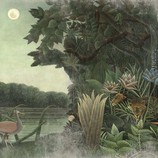 Tapeta-Skinwall-HOMAGE-to-ROUSSEAU-507-z-kolekcji-Arts-in-the-Past-1 Tapeta Skinwall HOMAGE to ROUSSEAU 507 z kolekcji Arts in the Past motywy: dżungla, zwierzęta, rośliny, liście, kolory: zielony, szary, niebieski, pomarańczowy - wariant 1