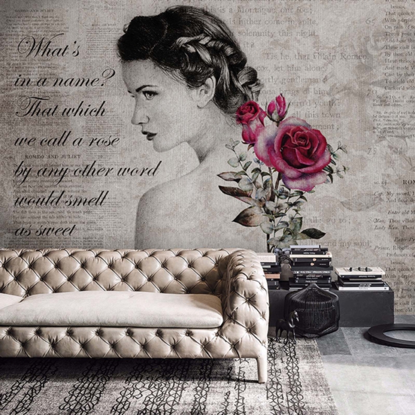 Tapeta-Skinwall-JULIET-116-z-kolekcji-Natural-Beauty Tapeta Skinwall JULIET 116 z kolekcji Natural Beauty motywy: portret, listery, kwiaty, kolory: szary, czarny, różowy