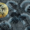 Tapeta Skinwall MOON 102 z kolekcji Travelling Mind motywy: zwierzęta, rośliny, liście, krajobraz, kolory: szary, stalowy, grafitowy, niebieski, zółty - wariant 1