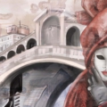 Tapeta Skinwall RED MASK IN VENICE 761 z kolekcji New Designs 2021 Suite Collection motywy: krajobraz, miasta mapy, portret, kolory: szary, różowy, beżowy - wariant 1