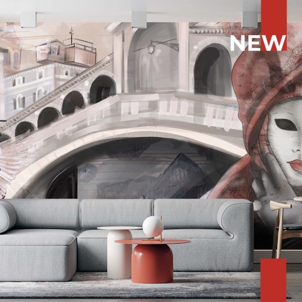 Tapeta-Skinwall-RED-MASK-IN-VENICE-761-z-kolekcji-New-Designs-2021-Suite-Collection Tapeta Skinwall RED MASK IN VENICE 761 z kolekcji New Designs 2021 Suite Collection motywy: krajobraz, miasta mapy, portret, kolory: szary, różowy, beżowy