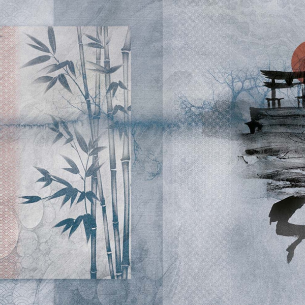 Tapeta-Skinwall-RISING-SUN-139-z-kolekcji-New-Designs-2021-Travelling-Mind-1 Tapeta Skinwall RISING SUN 139 z kolekcji New Designs 2021 Travelling Mind motywy: rośliny, liście, orientalny, kolory: niebieski, szary, biały - wariant 1