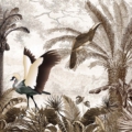 Tapeta Skinwall VINTAGE JUNGLE CROWNED CRANE 742 z kolekcji New Designs 2021 Suite Collection motywy: dżungla, zwierzęta, rośliny, liście, krajobraz, kolory: biały, beżowy, brązowy - wariant 1