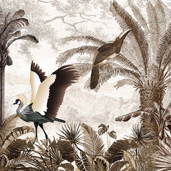 Tapeta-Skinwall-VINTAGE-JUNGLE-CROWNED-CRANE-742-z-kolekcji-New-Designs-2021-Suite-Collection-1 Tapeta Skinwall VINTAGE JUNGLE CROWNED CRANE 742 z kolekcji New Designs 2021 Suite Collection motywy: dżungla, zwierzęta, rośliny, liście, krajobraz, kolory: biały, beżowy, brązowy - wariant 1