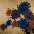 Tapeta Skinwall WINTER BLOOM 69 z kolekcji Natural Beauty motywy: kwiaty, rośliny, liście, kolory: żółty, granatowy, brązowy, bordowy, pomarańczowy, zielony - wariant 1