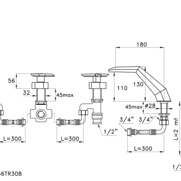 Stella-Stella-3256-308-rys-techniczny Stella Stella 3256-308 Bateria wannowo prysznicowa do montażu na wannie wylewka z przełącznikiem