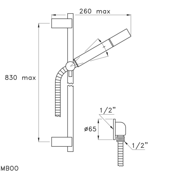 Stella-Titian-302A-rys-techniczny Stella Titian 302A Słuchawka prysznicowa dwufunkcyjna ścienny drążek reling przesuwny z przyłączem