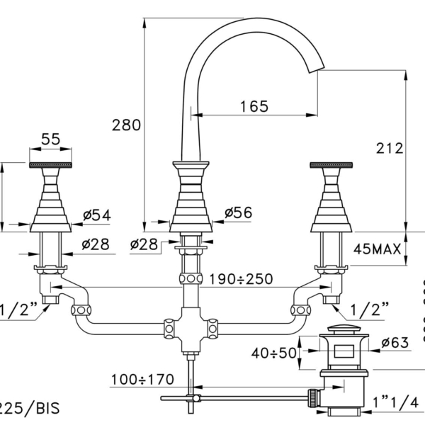 Stella-Titian-3225BIS-rys-techniczny Stella Titian 3225BIS Bateria umywalkowa 3-otworowa z wysoką wylewką i regulowaną końcówką