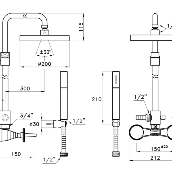 Stella-Titian-3283-301TB-304-rys-techniczny Stella Titian 3283-301TB-304 Natynkowa bateria prysznicowa ścienna z zewnętrznym przyłączem deszczownicy