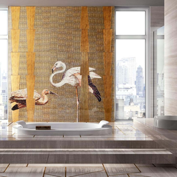 Sicis-Vetrite-Vetrite-Art-Bansa-Gold---Flamant-wielkoformatowy-panel-szklany-zloty-bialy-rozowy-2 Sicis Vetrite z kolekcji Vetrite Art model Bansa Gold & Flamant to wielkoformatowy panel szklany o wymiarach 82,5x318 cm, 242x318 cm, 82,5x318cm, 210x318 cm. Kolory tego modelu to: złoty, biały, różowy, a możliwe wykończenia powierzchni: Satin.
