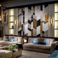 Sicis Vetrite z kolekcji Vetrite Decorativa model Decart to wielkoformatowy panel szklany o wymiarach . Kolory tego modelu to: beżowy, niebieski, szary, grafitowy, czarny, brązowy, a możliwe wykończenia powierzchni: Satin.