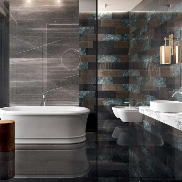 Sicis-Vetrite-Vetrite-Tile-Elephant-Charcoal-wielkoformatowy-panel-szklany-brazowy-5 Sicis Vetrite z kolekcji Vetrite Tile model Elephant Charcoal to wielkoformatowy panel szklany o wymiarach 59,3x59,3 cm, 29,6x89 cm, 29,6x59,3 cm, 19,7x59,3 cm, 29,6x29,6 cm, 9,8x19,7 cm. Kolory tego modelu to: brązowy, a możliwe wykończenia powierzchni: Satin.
