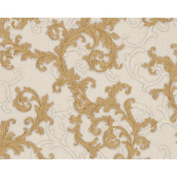 Versace Home Versace 2962314 tapeta ornamenty Vintage adamaszek efekt postarzenia klasyczny kolory złoty szary metaliczny biały - tapeta przeznaczona do pomieszczeń: przedpokój, kuchnia, biuro, sypialnia, pomieszczenie o dużym natężeniu ruchu.