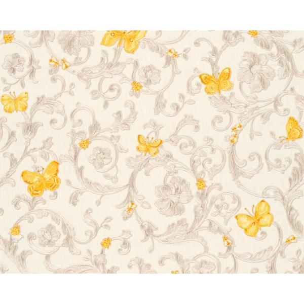 Versace Home Versace 3343253 tapeta ornamenty zwierzęta Vintage rośliny ornamenty zwierzęta Vintage rośliny kwiaty kolory kremowy metaliczny żółty - tapeta przeznaczona do pomieszczeń: przedpokój, salon, sypialnia.