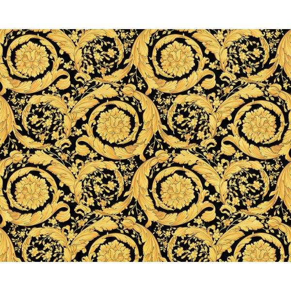 Versace Home Versace 3935834 tapeta kwiaty ornamenty liście rośliny kolory czarny złoty metaliczny - tapeta przeznaczona do pomieszczeń: przedpokój, kuchnia, salon, sypialnia.