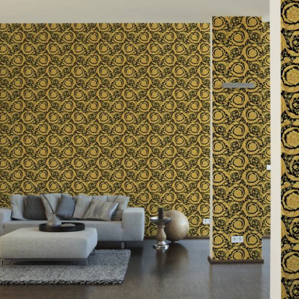 Versace-Home-Versace-3-935834-tapeta-kwiaty-ornamenty-liscie-rosliny-kolory-czarny-zloty-metaliczny-6 Versace Home kolekcja Versace 3 - 3935834 tapeta kwiaty ornamenty liście rośliny kolory czarny złoty metaliczny - tapeta przeznaczona do pomieszczeń: przedpokój, kuchnia, salon, sypialnia.