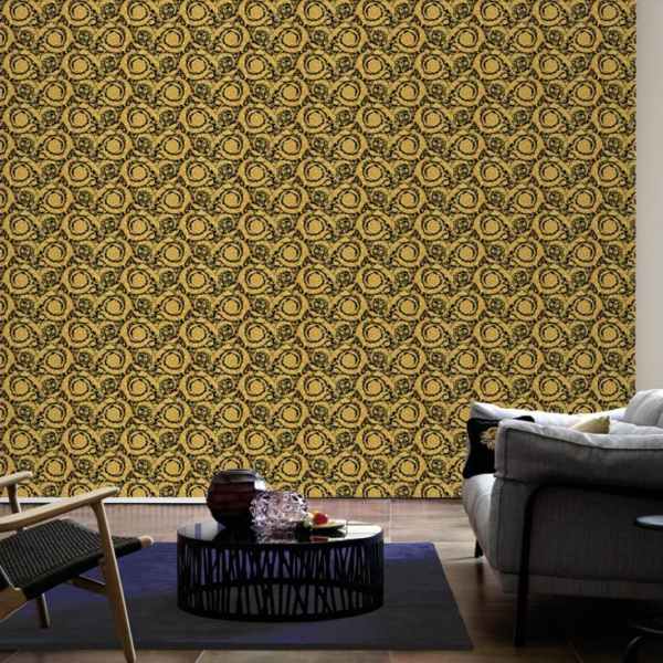Versace-Home-Versace-3-935834-tapeta-kwiaty-ornamenty-liscie-rosliny-kolory-czarny-zloty-metaliczny-9 Versace Home kolekcja Versace 3 - 3935834 tapeta kwiaty ornamenty liście rośliny kolory czarny złoty metaliczny - tapeta przeznaczona do pomieszczeń: przedpokój, kuchnia, salon, sypialnia.