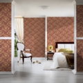 Versace Home kolekcja Versace 4 - 4366927 tapeta kwiaty ornamenty liście rośliny metal kolory beżowy brązowy metaliczny czerwony - tapeta przeznaczona do pomieszczeń: łazienka, przedpokój, salon, sypialnia.