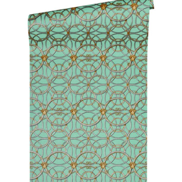 Versace-Home-Versace-4-370497-tapeta-medusa-geometryczny-metal-ornamenty-kolory-zloty-zielony-metaliczny-srebrny-2 Versace Home Versace 4370497 tapeta medusa geometryczny metal ornamenty kolory złoty zielony metaliczny srebrny - tapeta przeznaczona do pomieszczeń: przedpokój, salon, sypialnia.