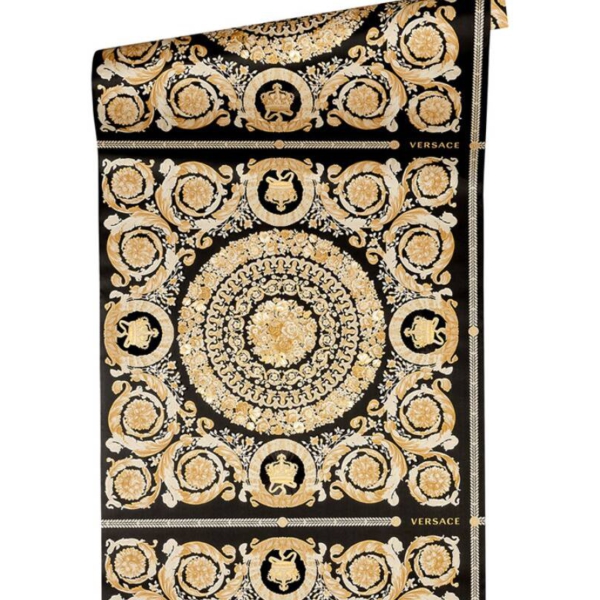 Versace-Home-Versace-4-370553-tapeta-kwiaty-liscie-ornamenty-rosliny-kolory-bezowy-czarny-kremowy-zloty-metaliczny-2 Versace Home Versace 4370553 tapeta kwiaty liście ornamenty rośliny kolory beżowy czarny kremowy złoty metaliczny - tapeta przeznaczona do pomieszczeń: przedpokój, salon, sypialnia.