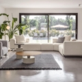 Scappini Home, sofa modułowa Over, trzyosobowa, z półką na tyłach, obicie z tkaniny AZI-GL-501, metalowa podstawa w kolorze mosiądzu.