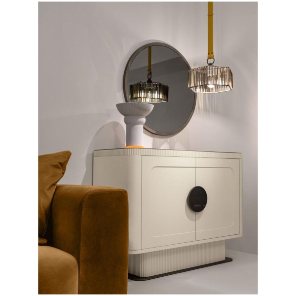 Scappini-Home-Smile-Komoda-Kredens-7 Komoda Smile Scappini Home, miedziano-brązowa z mosiężnymi detalami, szklanym blatem i oświetleniem LED.