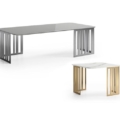 Stoliki kawowe Scappini Home, modele Sunset (N39) i Sunrise (N40), z nowoczesnymi, eleganckimi akcentami, różnymi wykończeniami blatów i metalowymi podstawami.