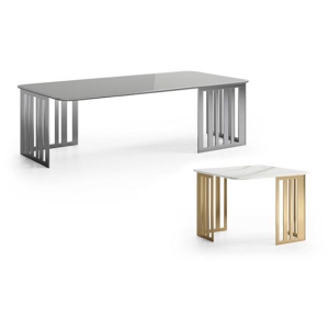 Stoliki kawowe Scappini Home, modele Sunset (N39) i Sunrise (N40), z nowoczesnymi, eleganckimi akcentami, różnymi wykończeniami blatów i metalowymi podstawami.