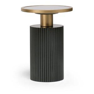 Scappini Home, stolik kawowy Up, blat z lustra dymionego, wykończenie mosiężne, podstawa z ryflowanego drewna w kolorze Granite Grey.