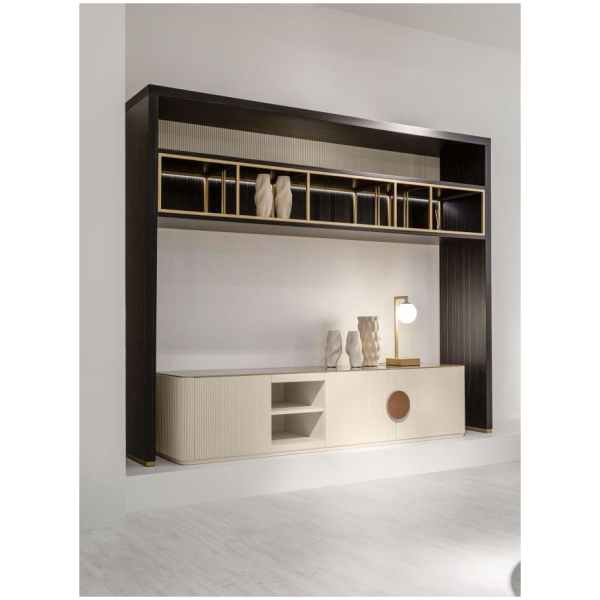 Scappini-Home-Wide-Szafka-RTV-6 Szafka RTV Wide Scappini Home, Granite Grey, matowe wykończenie, blat z lakierowanego szkła, regulowane półki, uchwyty z mosiądzu i skóry.