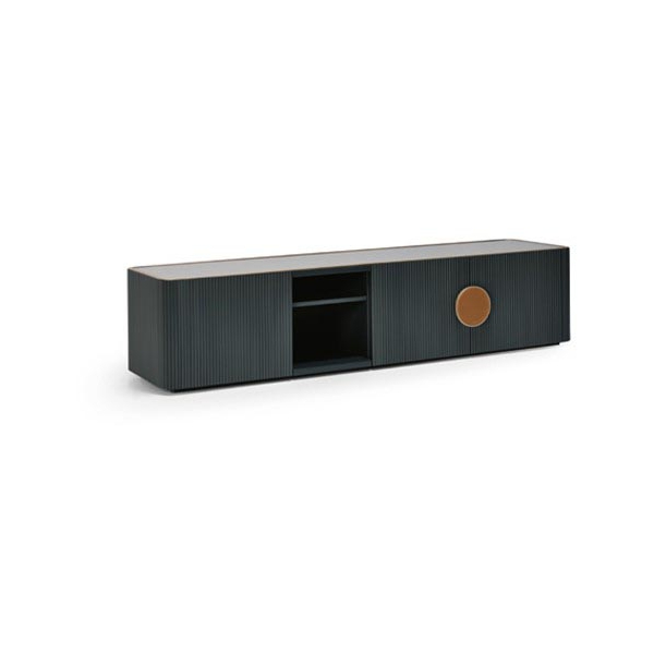 Scappini-Home-Wide-Szafka-RTV Szafka RTV Wide Scappini Home, Granite Grey, matowe wykończenie, blat z lakierowanego szkła, regulowane półki, uchwyty z mosiądzu i skóry.