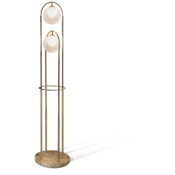 lampa podłogowa Hessentia Heron 502 zaprojektowana przez Luca Erba, materiały: Metal, drewno, szkło artystyczne