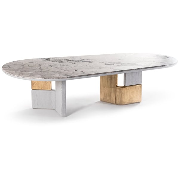 stół Hessentia Ovoo 606 zaprojektowana przez Luca Erba, materiały: Marmur, drewno, metal