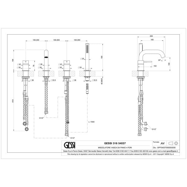 Gessi-BATH316-54037-Bateria-wannowa-4-otworowa-z-wylewka-i-przelacznikiem-waz-prysznicowy-15m-wyciagana-sluchawka-prysznicowa-anticalc-wiele-kolorow-rys-techniczny.jpg BATH316 54037 rysunek techniczny