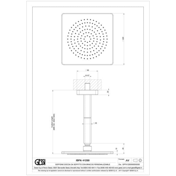 Gessi-ISPA-SHOWER-41250-Deszczownica-sufitowa-antilimestone-prostokatna-220-x-220-mm-dlugosc-na-zamowienie-115-maks-wiele-kolorow-rys-techniczny.jpg ISPA SHOWER 41250 rysunek techniczny
