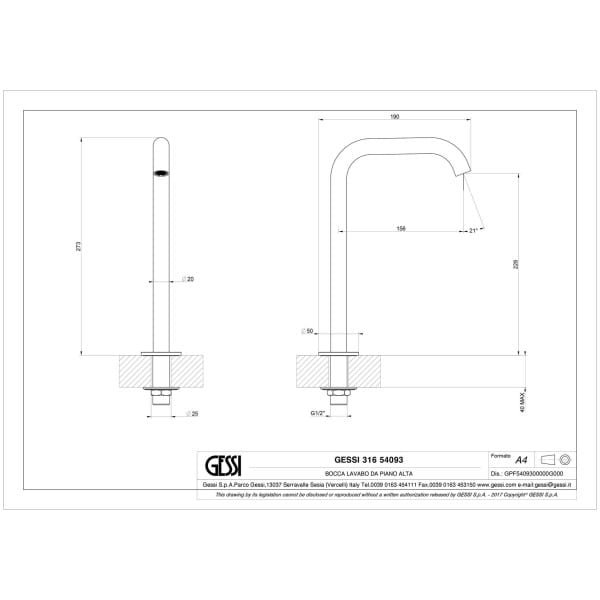 Gessi-TRAME-54093-Wylewka-nablatowa-wysokosc-230-mm-wiele-kolorow-rys-techniczny.jpg TRAME 54093 rysunek techniczny